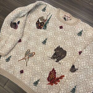 Woolrich Forest Duck Bear Sportsman Winter Geometric Beige Sweater Size Medium